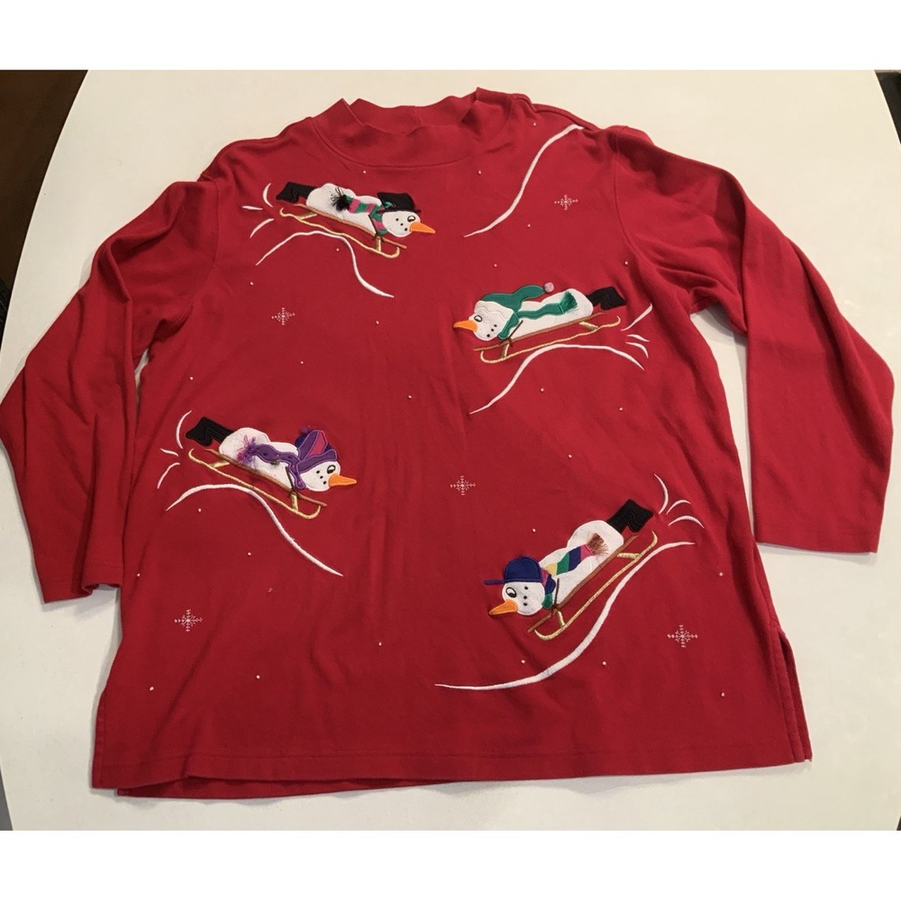 Vtg 90's Bechamel Appliqué Snowman Sledding Mock Neck Holiday Tunic Top XL